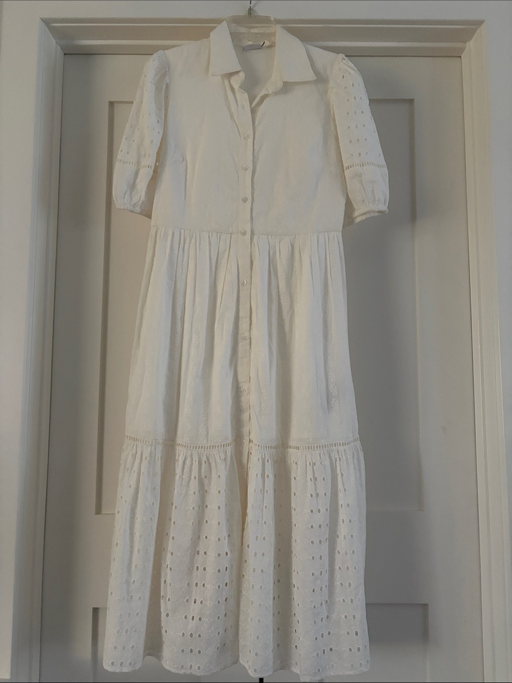 Desigual White Eyelet Floral Embroidered Party Button-Front Maxi Dress, size M